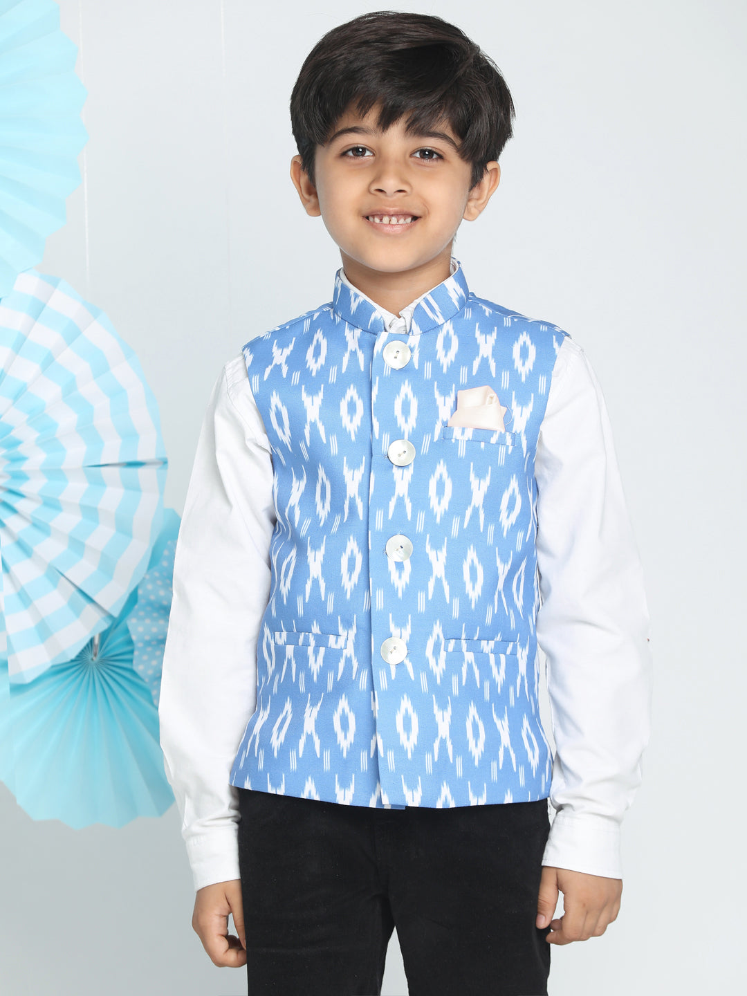 Boy's Aqua Blue Ikkat Nehru Jacket - Vastramay Boys