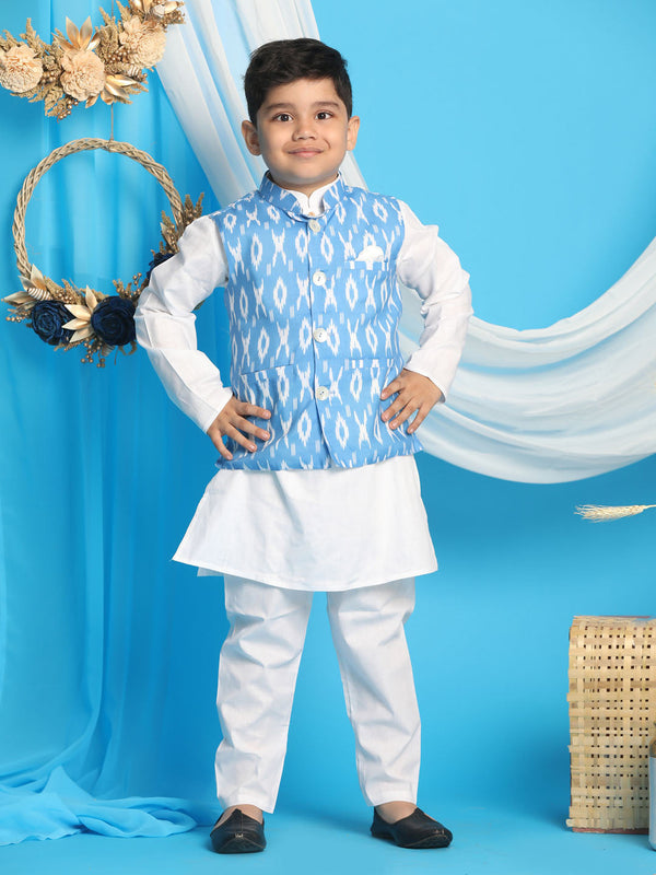 Jashvi Boys' Aqua Nehru Jacket With White Cotton Kurta Pyjama set