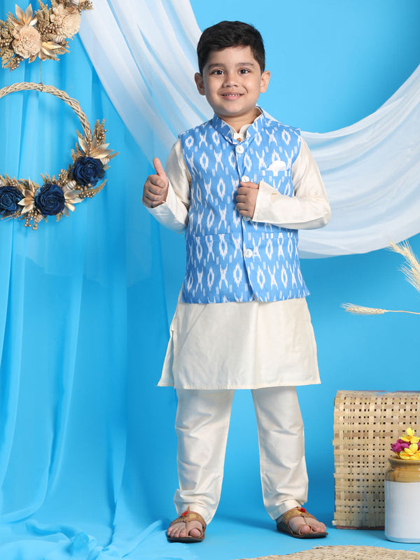 Jashvi Boys' Aqua Nehru Jacket With Cream Kurta Pyjama set