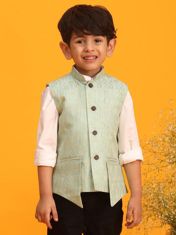 Jashvi Boys Green Woven Design Flap Ethnic Jacket