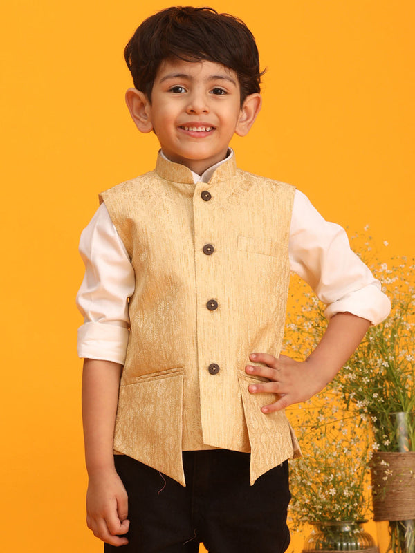 Jashvi Boys Gold Woven Design Flap Ethnic Jacket