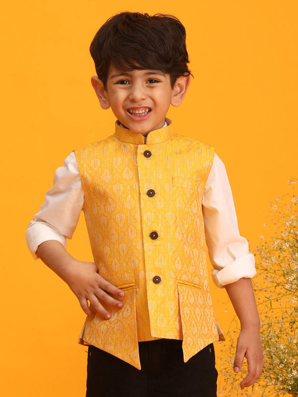 Jashvi Boys Yellow Woven Design Flap Ethnic Jacket