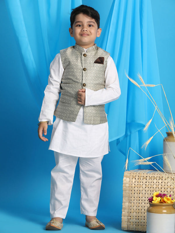 Jashvi Boy's Beige Woven Jacket With White Kurta and Pyjama Set