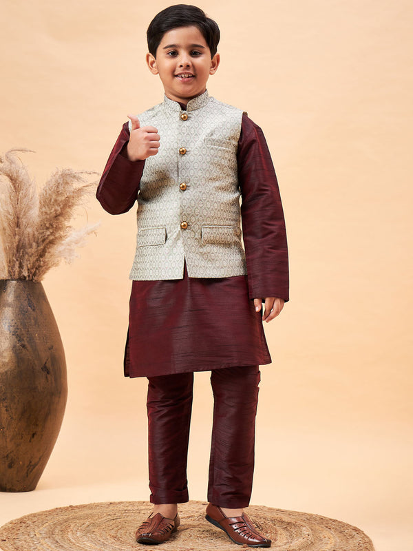 Jashvi Boy's Beige Nehru Jacket With Wine Kurta And Pyjama Set