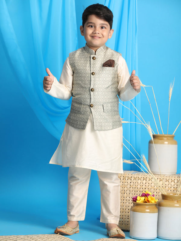 Jashvi Boy's Beige Woven Jacket With Cream Kurta and Pyjama Set