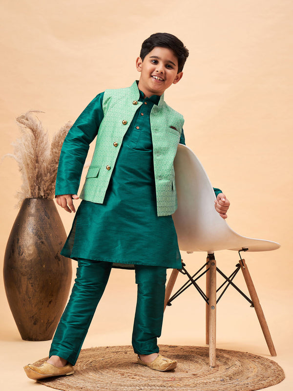 Jashvi Boy's Green Woven Nehru Jacket With Green Kurta Pyjama Set