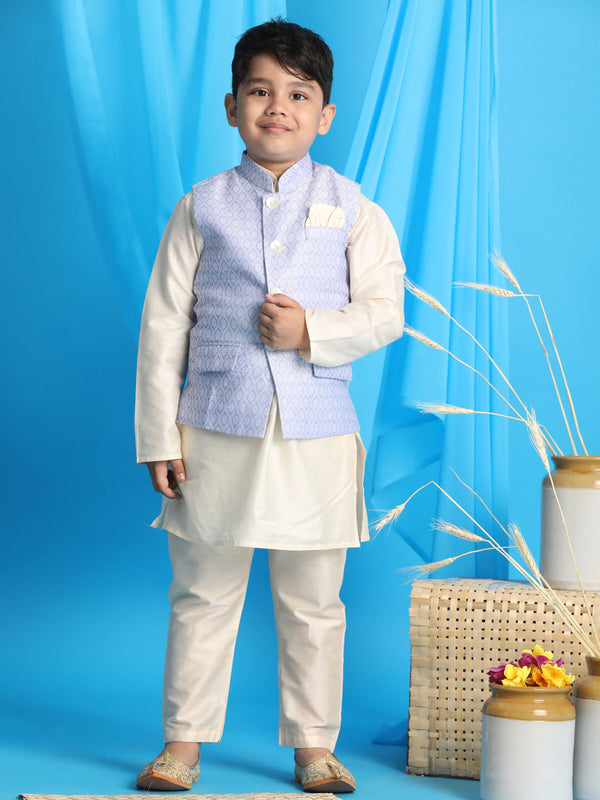 Jashvi Boy's Lavender Woven Jacket With Cream Kurta and Pyjama Set