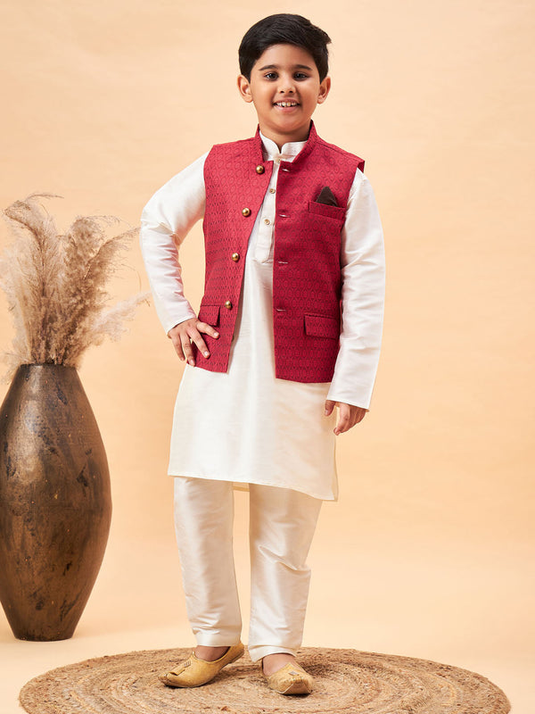 Jashvi Boy's Maroon Nehru Jacket With Cream Kurta And Pyjama Set