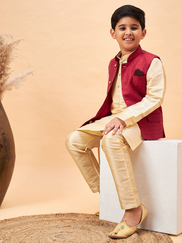 Jashvi Boy's Maroon Woven Jacket With Gold Kurta and Pyjama Set