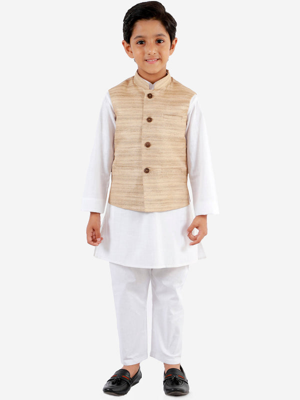 Jashvi Boys Beige And White Jacket, Kurta and Pyjama Set