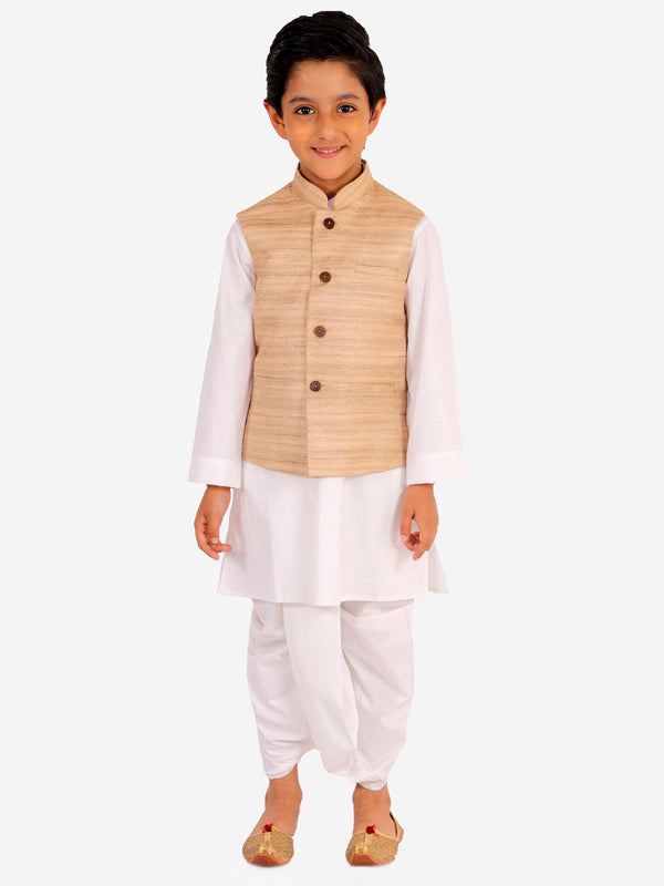 Jashvi Beige And White Matka Silk Jacket, Kurta and Dhoti Set