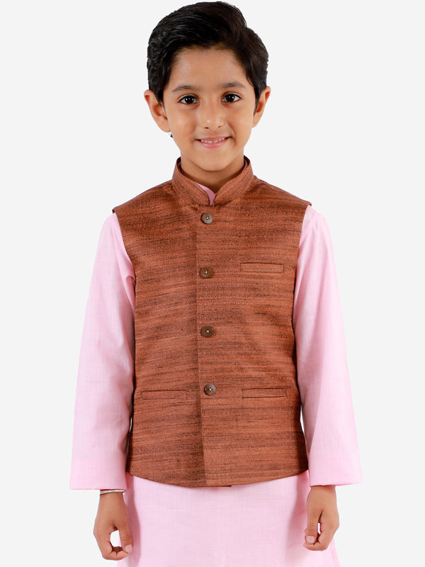 Jashvi Boys Coffee Brown Matka Silk Blend Nehru Jacket