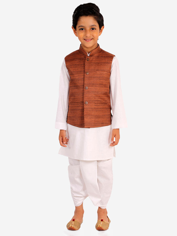 Jashvi Brown And White Matka Silk Jacket, Kurta and Dhoti Set