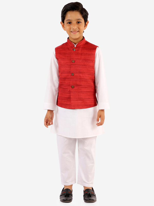 Jashvi Boys' Maroon And White Jacket, Kurta and Pyjama Set