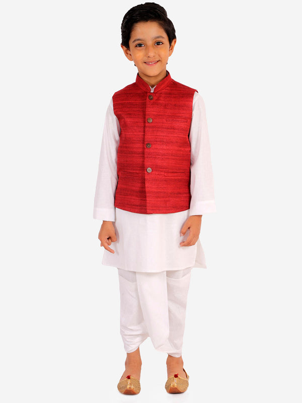 Jashvi Boy's Maroon And White Matka Silk Jacket, Kurta and Dhoti Set