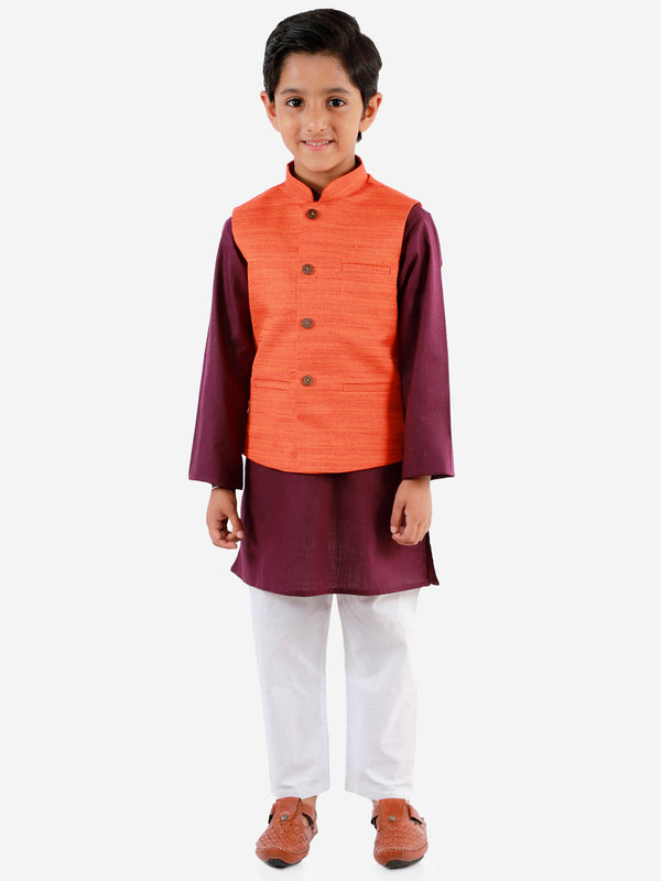 Jashvi Boys Orange, Purple And White Jacket, Kurta and Pyjama Set