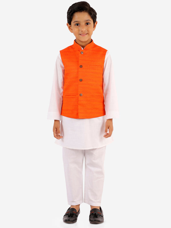 Jashvi Boys Orange And White Jacket, Kurta and Pyjama Set