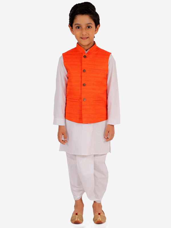 Jashvi Orange And White Matka Silk Jacket, Kurta and Dhoti Set