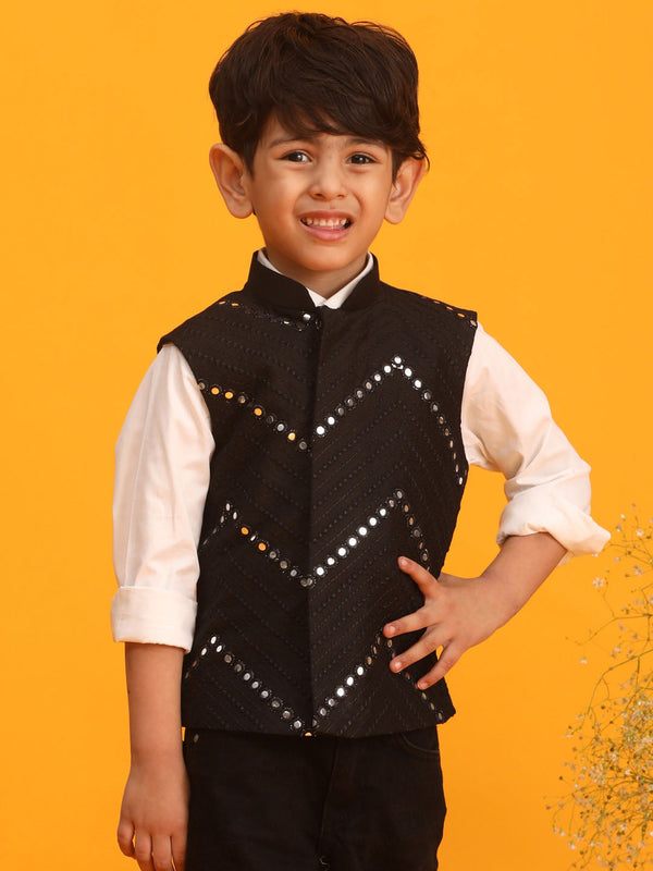 Jashvi Boys' Black Mirror Work Ethnic Jacket