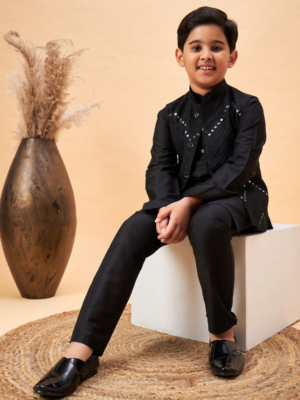 Jashvi Boy's Black Mirror Work Jacket And Solid Kurta Pyjama Set