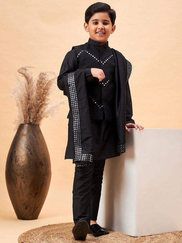 Jashvi Boy's Black Mirror Work Jacket And Solid Kurta Pyjama Set With Black Ethnic Dupatta