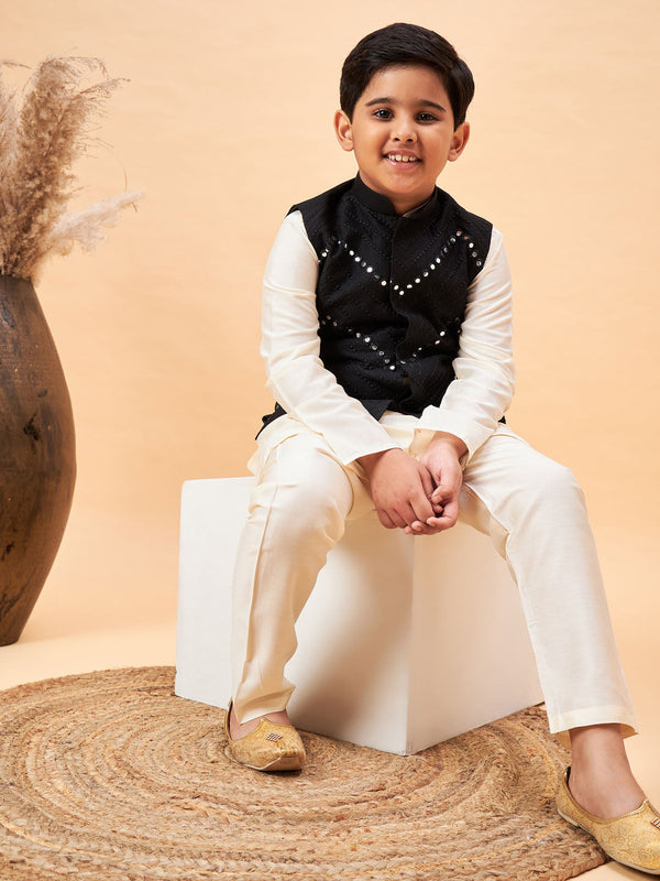 Jashvi Boy's Black Mirror Work Jacket And Solid Kurta Pyjama Set