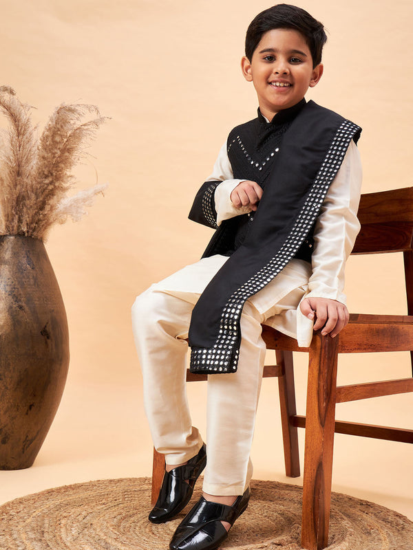 Jashvi Boy's Black Mirror Work Jacket And Solid Kurta Pyjama Set With Black Ethnic Dupatta