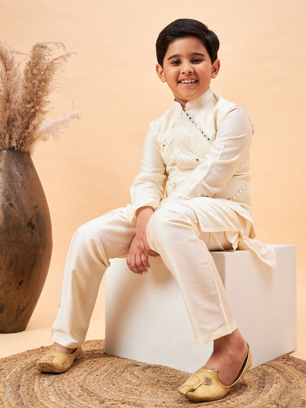 Jashvi Boy's Cream Mirror Work Jacket And Solid Kurta Pyjama Set