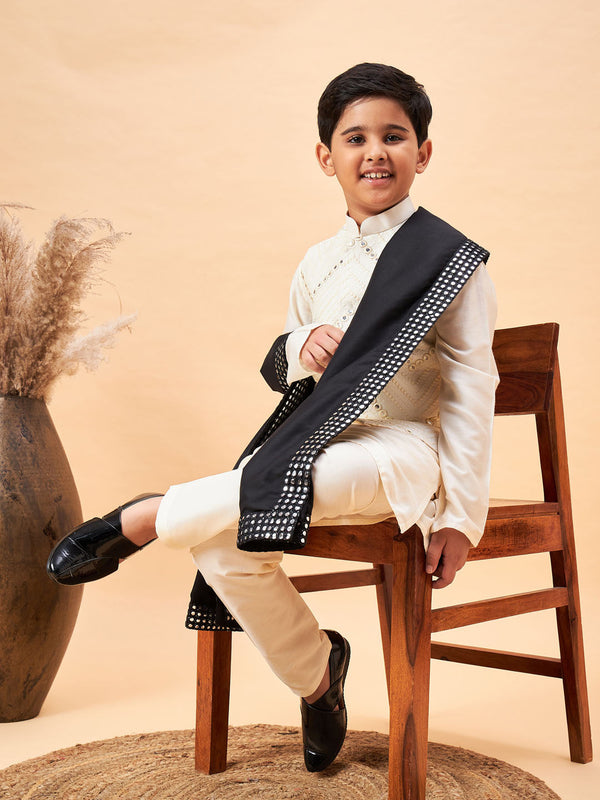 Jashvi Boy's Cream Mirror Work Jacket And Solid Kurta Pyjama Set With Black Ethnic Dupatta