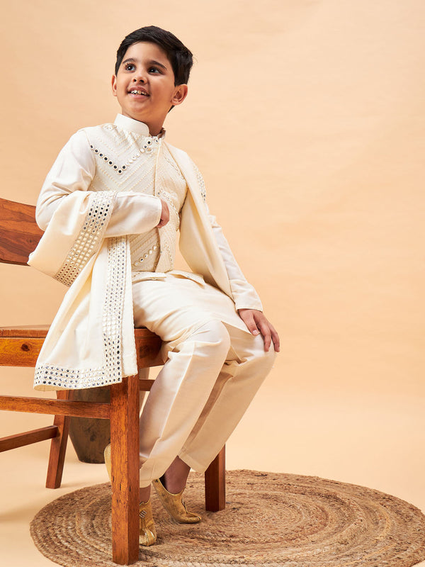 Jashvi Boy's Cream Mirror Work Jacket And Solid Kurta Pyjama Set With Ethnic Dupatta