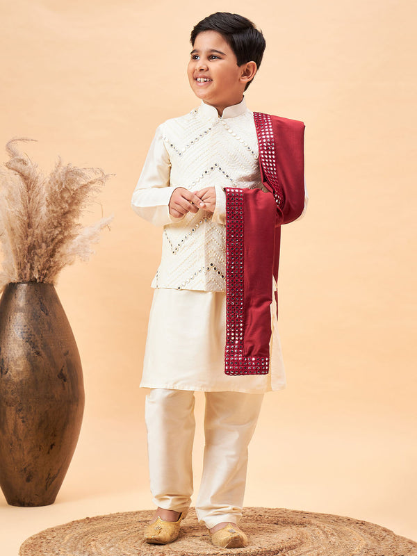 Jashvi Boy's Cream Mirror Work Jacket And Solid Kurta Pyjama Set With Maroon Ethnic Dupatta