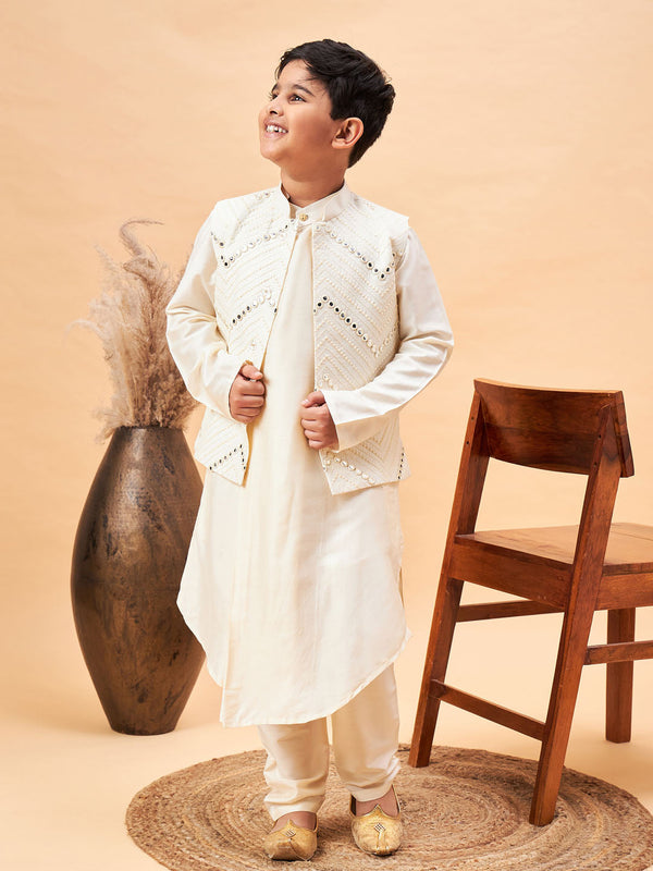 Jashvi Boy's Cream Mirror Work Jacket And Pleated Kurta Pyjama Set