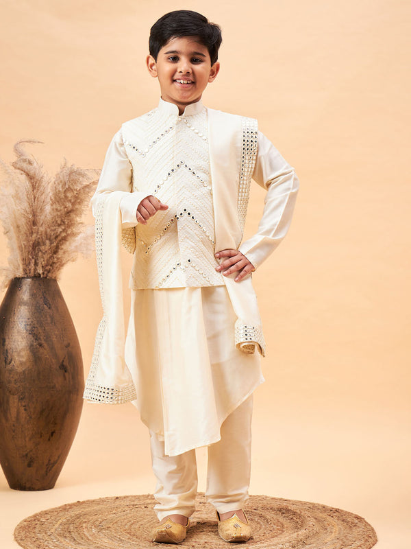 Jashvi Boy's Cream Mirror Work Jacket And Pleated Kurta Pyjama Set With Ethnic Dupatta