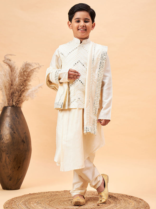 Jashvi Boy's Cream Mirror Work Jacket And Pleated Kurta Pyjama Set With Ethnic Dupatta