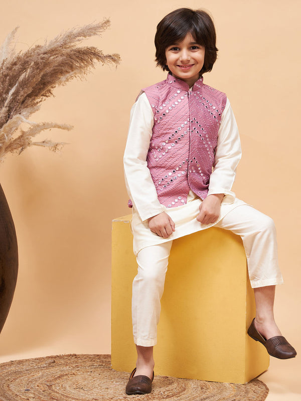 Jashvi Boy's Pink Mirror Work Jacket And Solid Kurta Pyjama Set