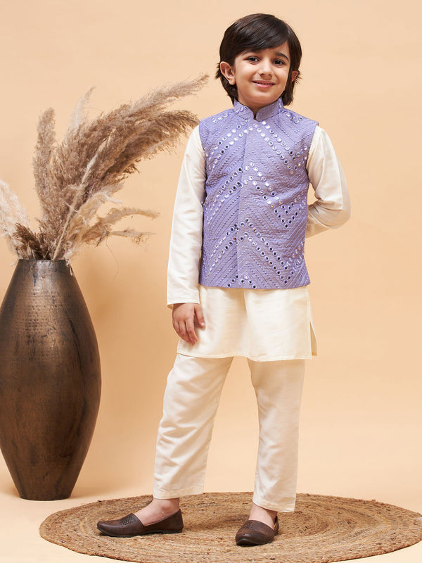 Jashvi Boy's Purple Mirror Work Jacket And Solid Kurta Pyjama Set