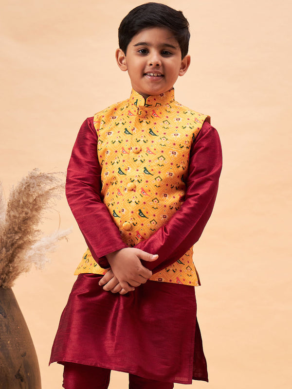 Jashvi Boy's Yellow Ethnic Printed Jacket