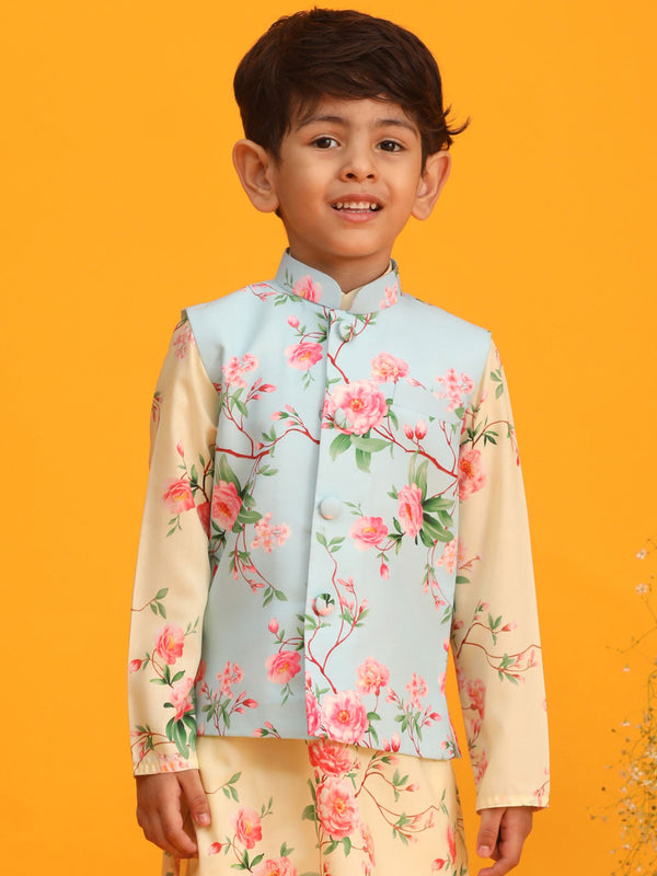 Jashvi Boys Aqua Blue Floral Printed Nehru Jacket