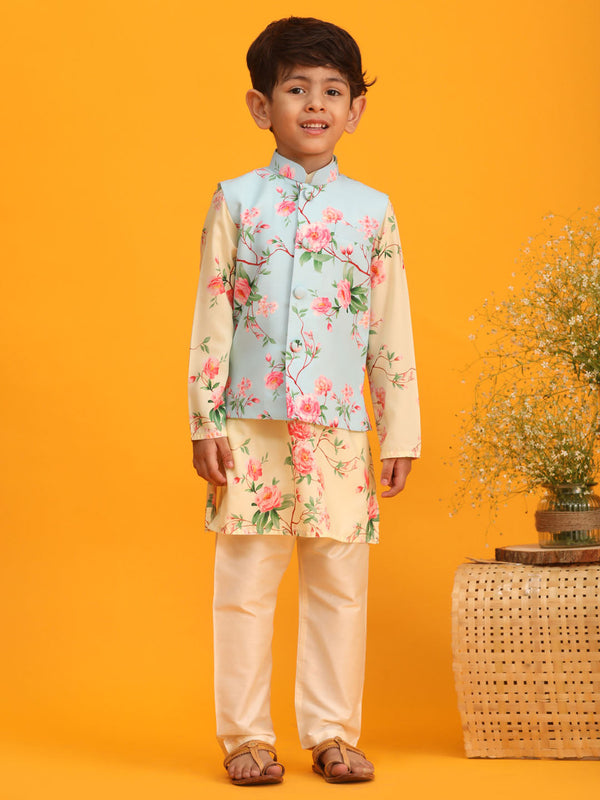 Jashvi Boy's Aqua Blue Jacket With Yellow Floral Printed Kurta with Cream Solid Pyjama Set