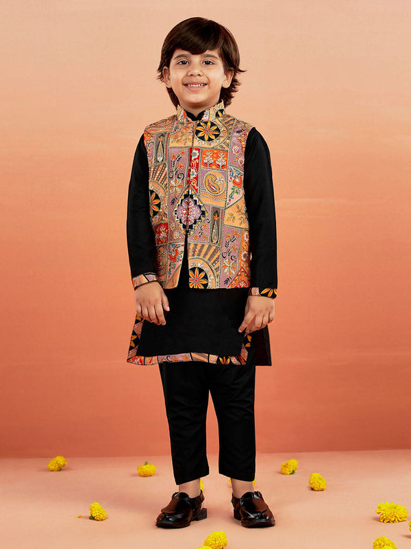 Jashvi Boys' Black Jacket,Kurta And Pyjama Set.