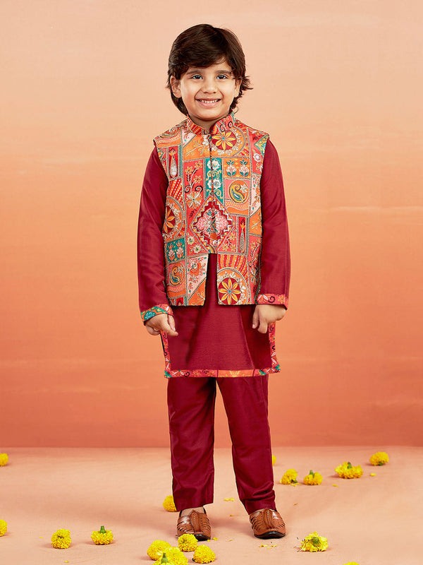 Jashvi Boys' Maroon Jacket,Kurta And Pyjama Set.