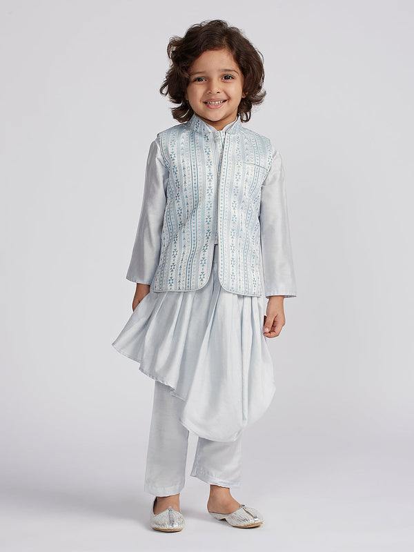 Jashvi Boys' Aqua Jacket,Kurta And Pyjama Set.