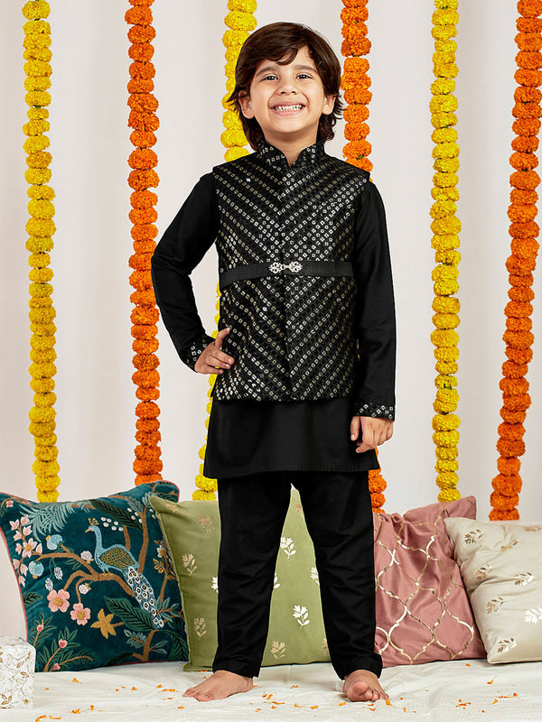 Jashvi Boys' Black Jacket,Kurta And Pyjama Set.