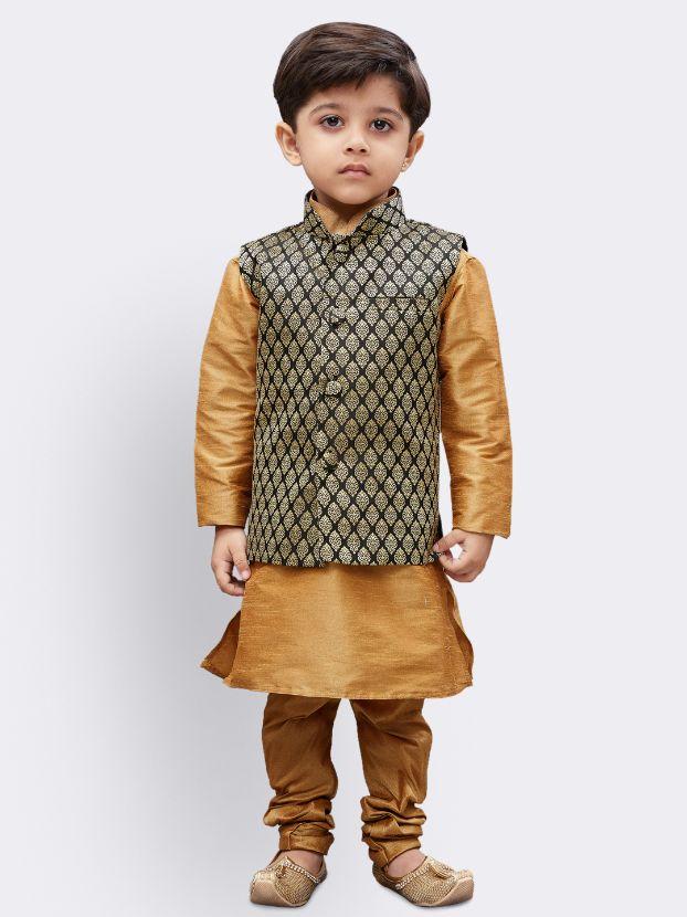 Cotton Silk Blend Kurta Pyjama Set for Boys with Nehru Jacket - Vastramay Boys