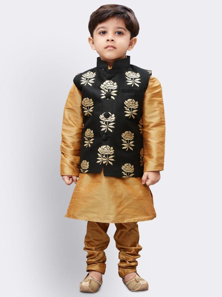 Cotton Silk Blend Kurta Pyjama Set for Boys with Nehru Jacket - Vastramay Boys