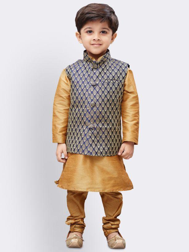 Boys' Gold Silk Cotton Blend Kurta, Waistcoat and Pyjama Set