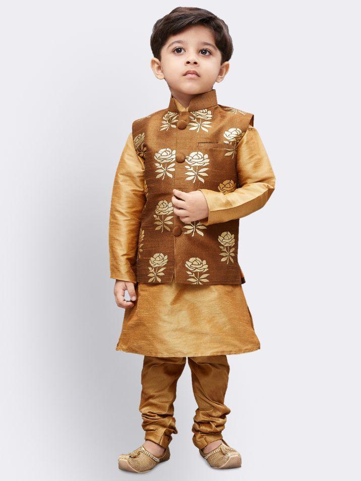 Cotton Silk Blend Kurta Pyjama Set for Boys with Nehru Jacket - Vastramay Boys