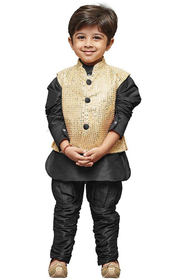 Boys' Black Cotton Silk Kurta, Waistcoat and Pyjama Set