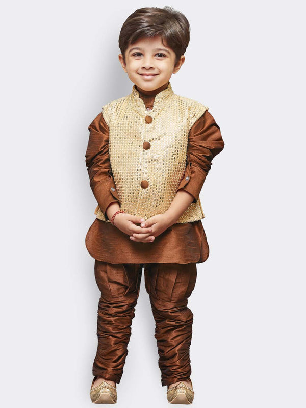 Jashvi Boys' Brown Cotton Silk Kurta, Waistcoat and Pyjama Set