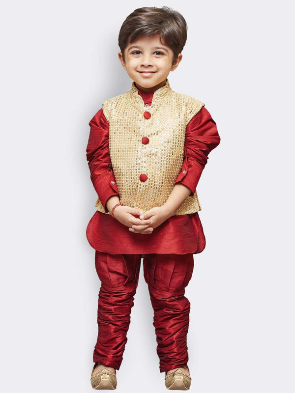 Jashvi Boys' Maroon Cotton Silk Kurta, Waistcoat and Pyjama Set